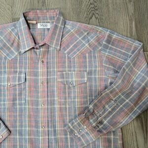 Vtg Tem Tex Plaid Western Snap Shirt Mens 17 1/2 35 Permanent Press Long Tail